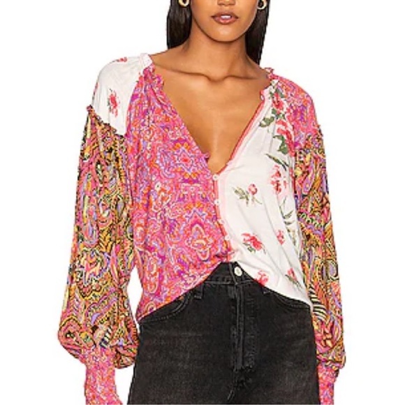 FREE PEOPLE Gemini Vintage Combo Long Sleeve Blouse size Small - Picture 6 of 10